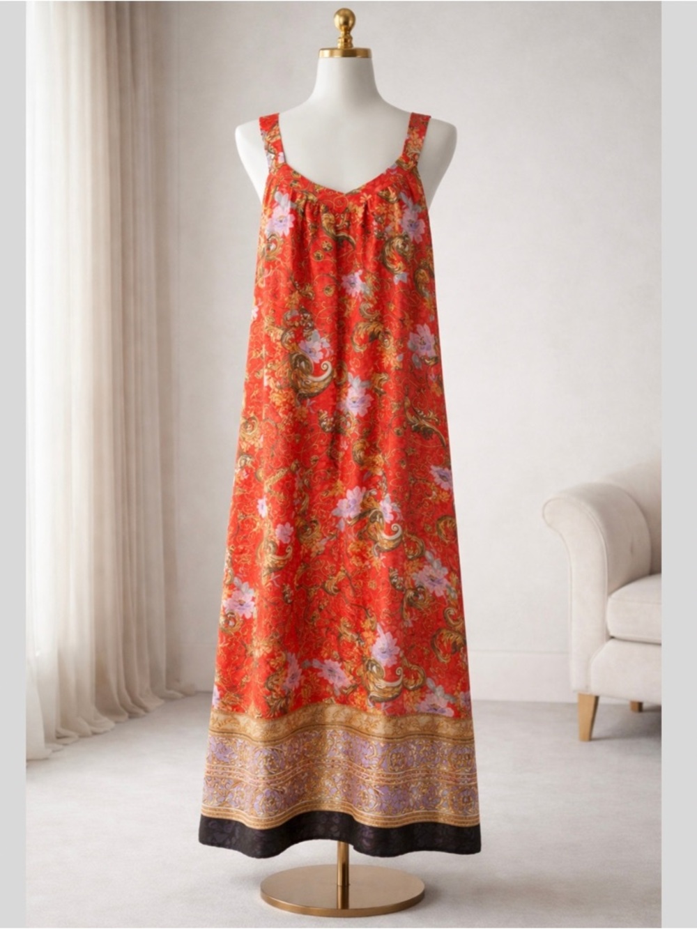 Mary McFadden Red Floral Paisley Maxi Dress with Gold Border